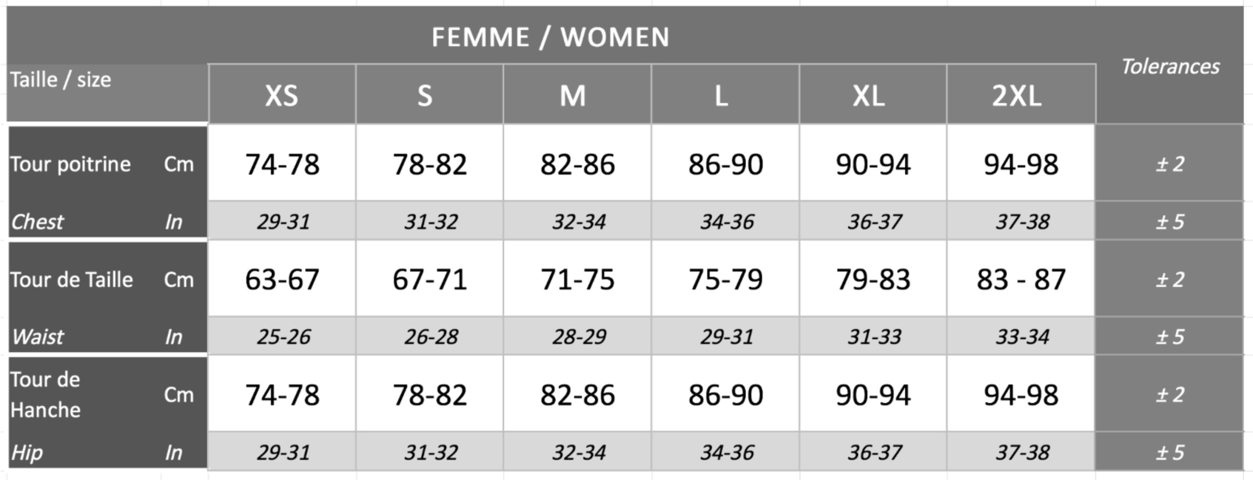 Carbon Top Women Sizing